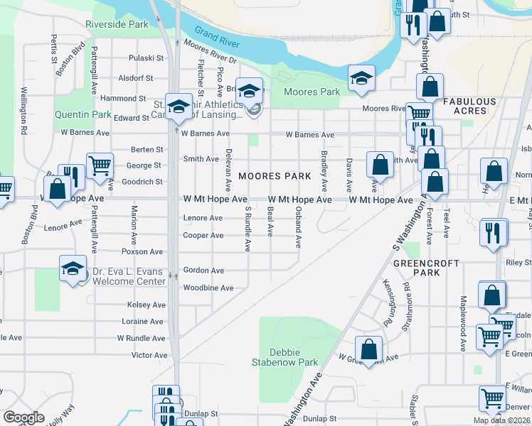 map of restaurants, bars, coffee shops, grocery stores, and more near 713 Lenore Avenue in Lansing