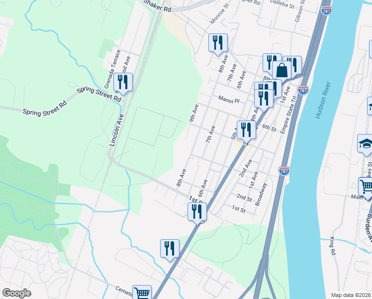 map of restaurants, bars, coffee shops, grocery stores, and more near 401 8th Avenue in Watervliet