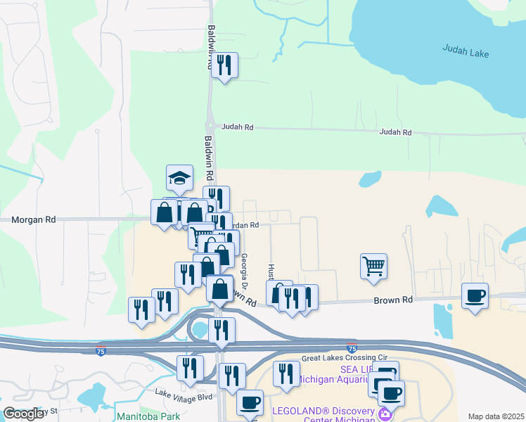 map of restaurants, bars, coffee shops, grocery stores, and more near Baldwin Square Drive in Orion charter Township