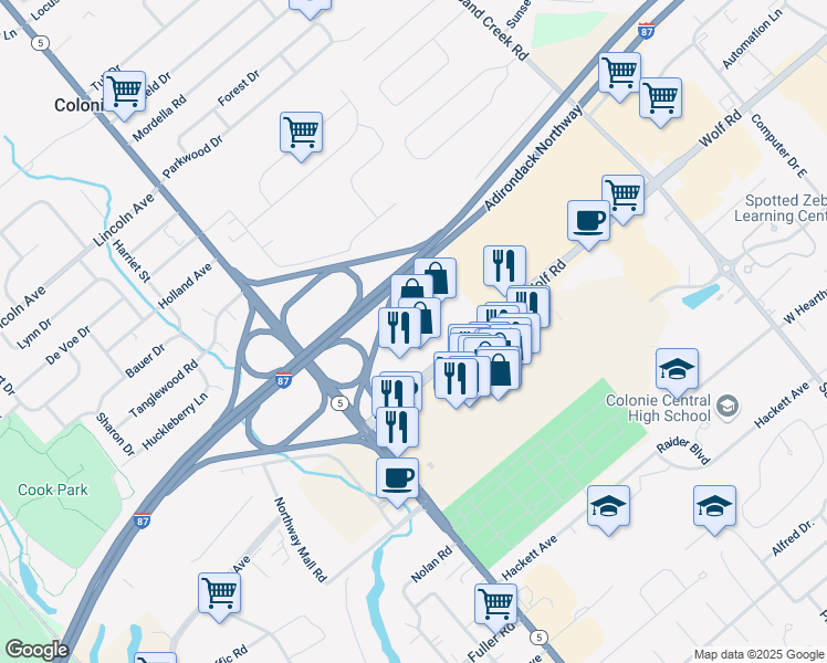 map of restaurants, bars, coffee shops, grocery stores, and more near 20 Wolf Road in Colonie