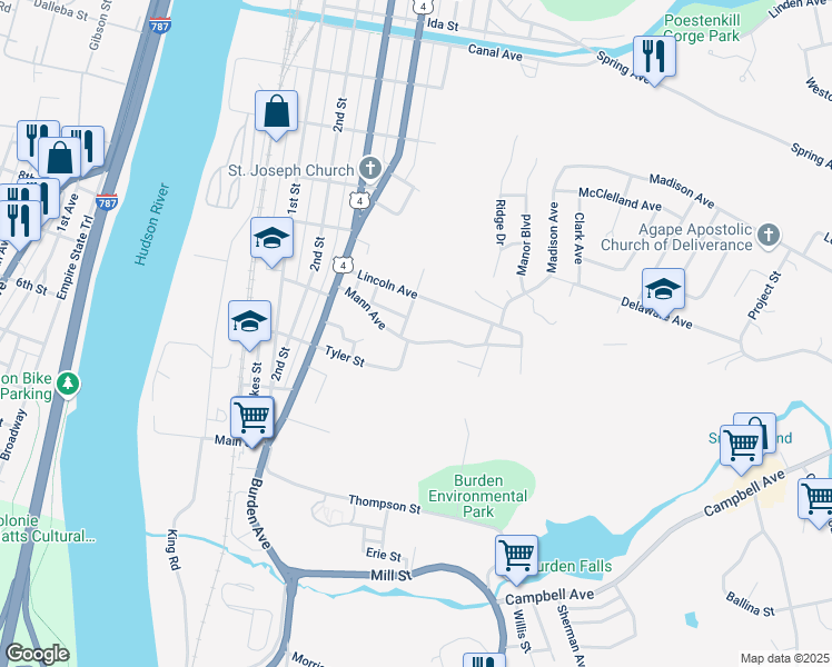 map of restaurants, bars, coffee shops, grocery stores, and more near 57 Mann Avenue in Troy