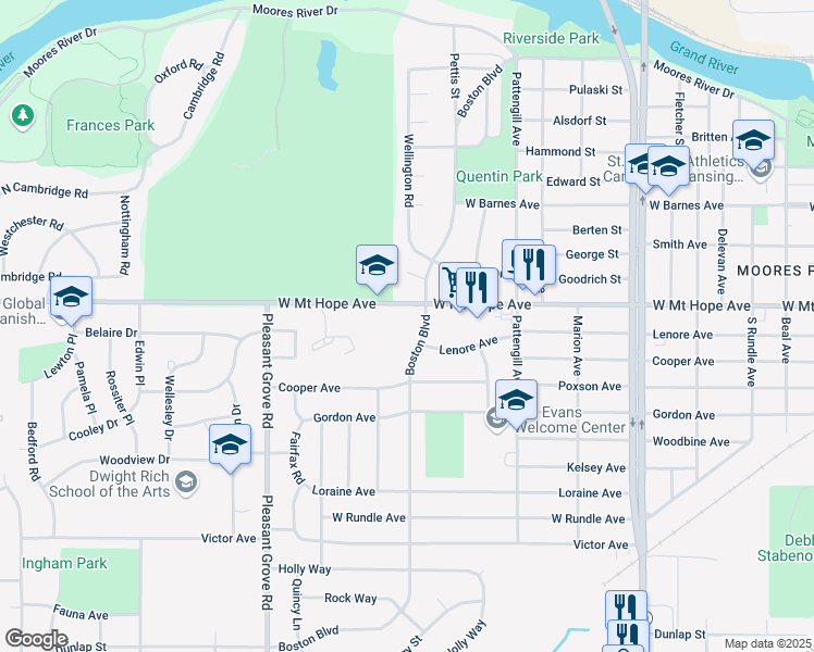 map of restaurants, bars, coffee shops, grocery stores, and more near 2011 Boston Boulevard in Lansing