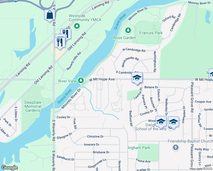 map of restaurants, bars, coffee shops, grocery stores, and more near 3407 West Mount Hope Avenue in Lansing