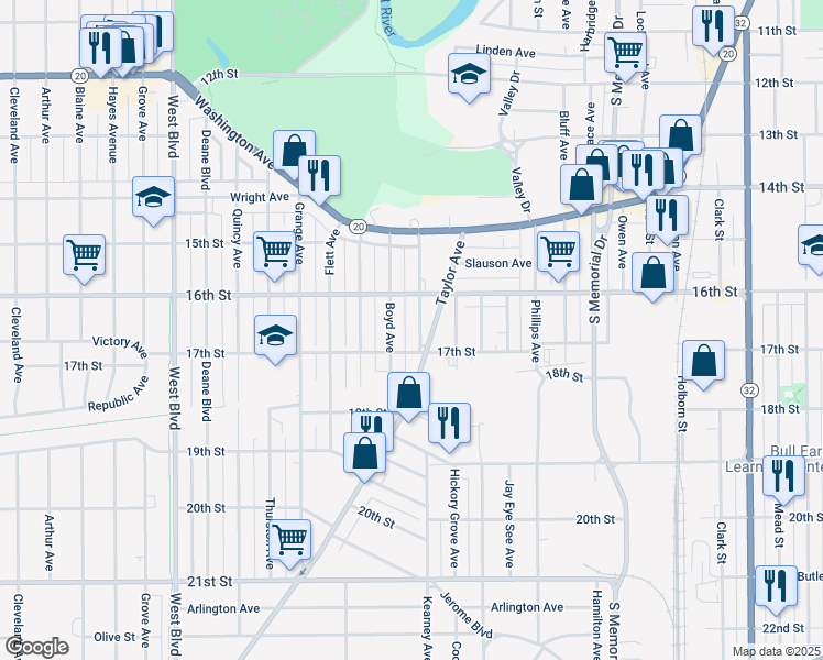 map of restaurants, bars, coffee shops, grocery stores, and more near 1648 Kearney Avenue in Racine
