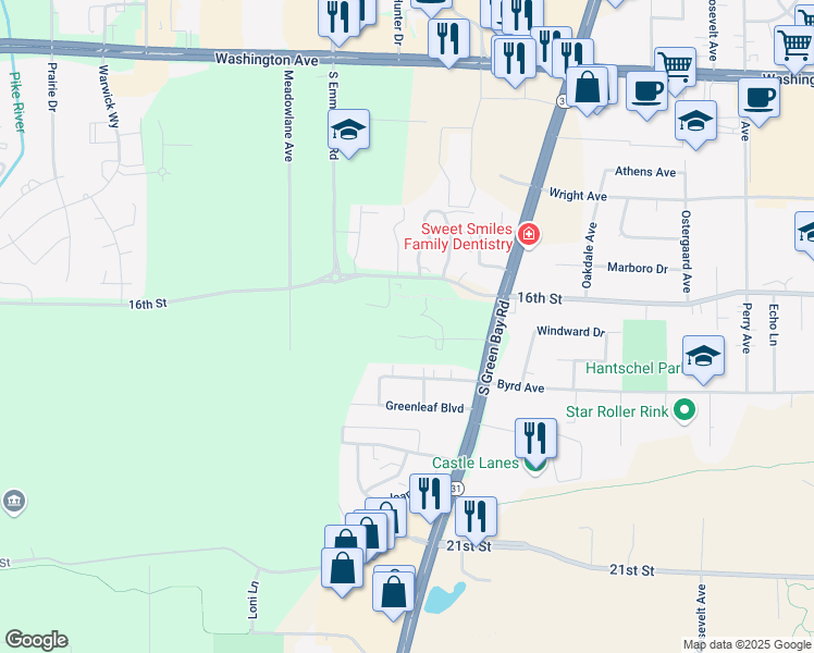 map of restaurants, bars, coffee shops, grocery stores, and more near 1748 South Green Bay Road in Mount Pleasant