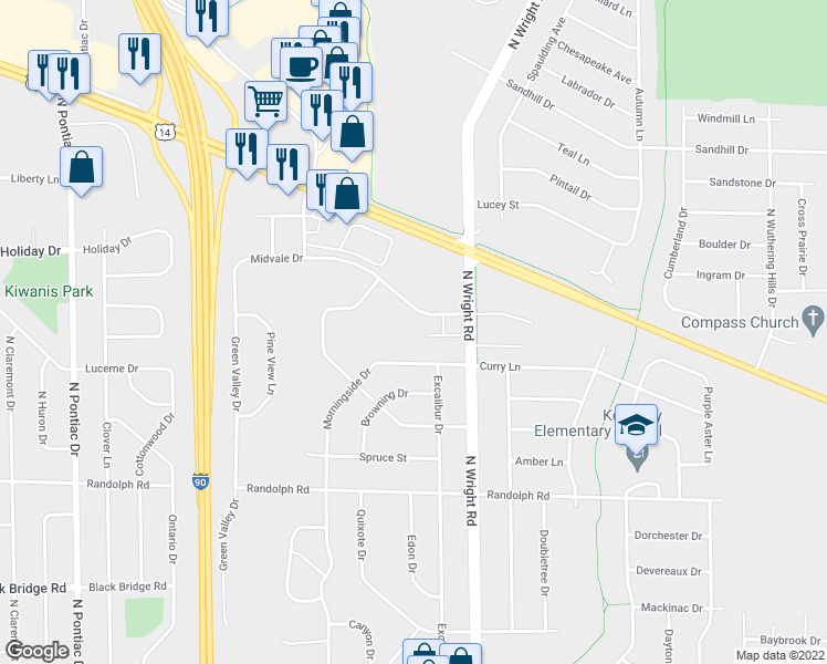 map of restaurants, bars, coffee shops, grocery stores, and more near 3440 Midvale Drive in Janesville