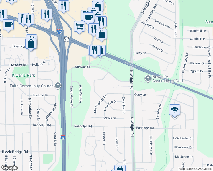 map of restaurants, bars, coffee shops, grocery stores, and more near 3411 Curry Lane in Janesville