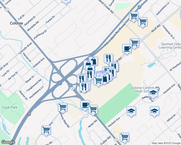 map of restaurants, bars, coffee shops, grocery stores, and more near 20 Wolf Road in Colonie