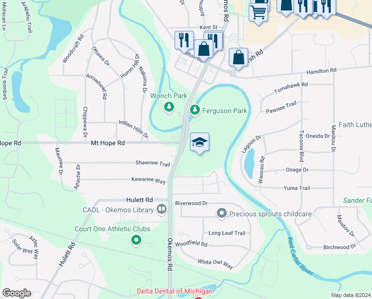 map of restaurants, bars, coffee shops, grocery stores, and more near 4406 Okemos Road in Meridian charter Township