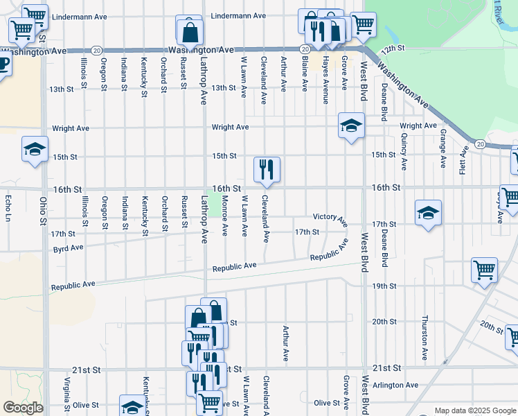 map of restaurants, bars, coffee shops, grocery stores, and more near 1630 Cleveland Avenue in Racine