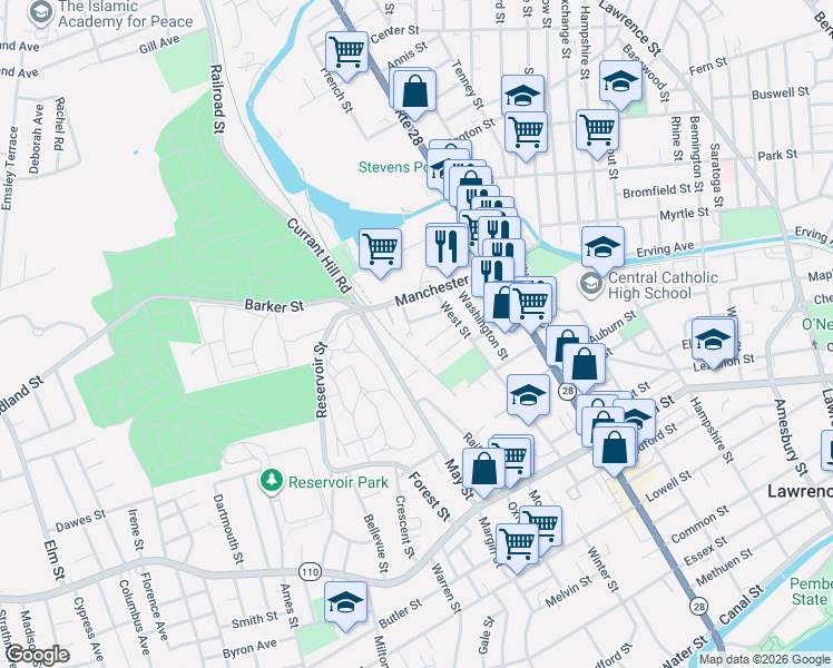 map of restaurants, bars, coffee shops, grocery stores, and more near 20 Archer Street in Lawrence