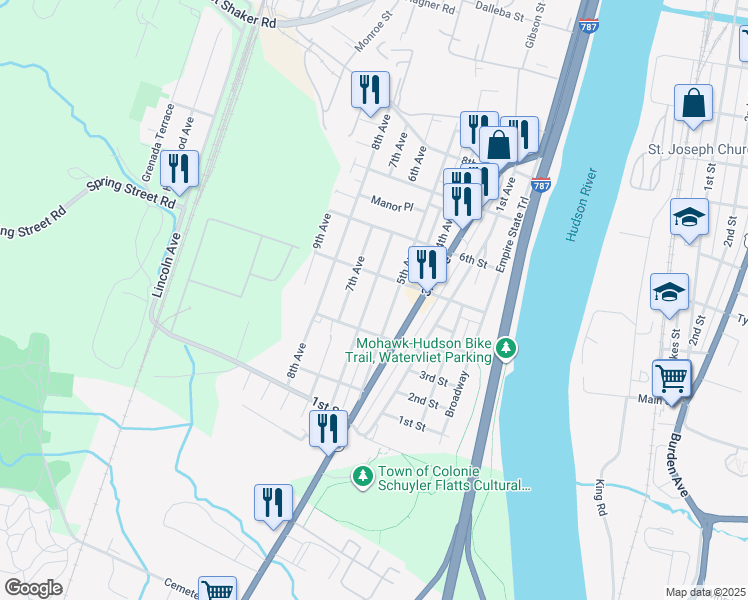 map of restaurants, bars, coffee shops, grocery stores, and more near 420 5th Avenue in Watervliet