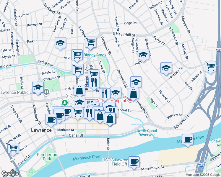 map of restaurants, bars, coffee shops, grocery stores, and more near 42 Allen Street in Lawrence
