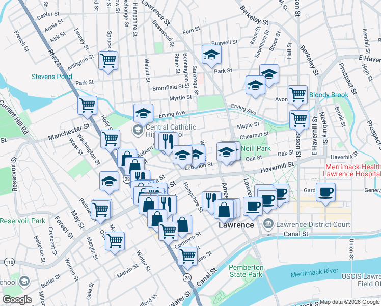 map of restaurants, bars, coffee shops, grocery stores, and more near in Lawrence