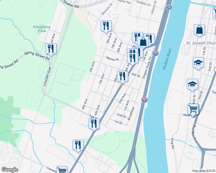 map of restaurants, bars, coffee shops, grocery stores, and more near 420 5th Avenue in Watervliet