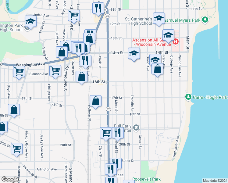 map of restaurants, bars, coffee shops, grocery stores, and more near 1122 17th Street in Racine