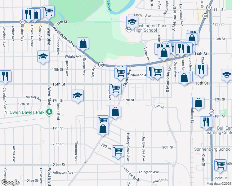 map of restaurants, bars, coffee shops, grocery stores, and more near 1648 Kearney Avenue in Racine