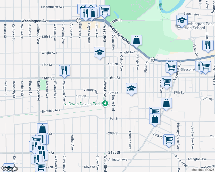 map of restaurants, bars, coffee shops, grocery stores, and more near 1647 West Boulevard in Racine