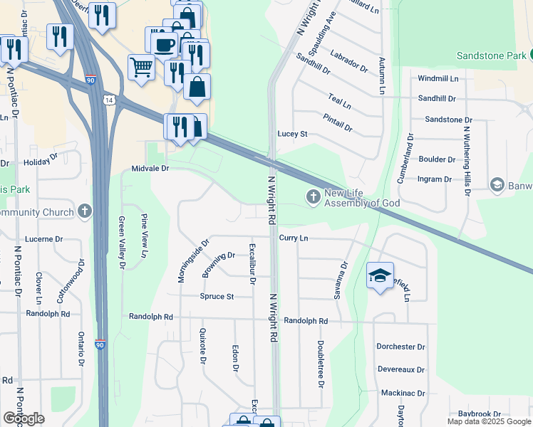 map of restaurants, bars, coffee shops, grocery stores, and more near 2407 North Wright Road in Janesville