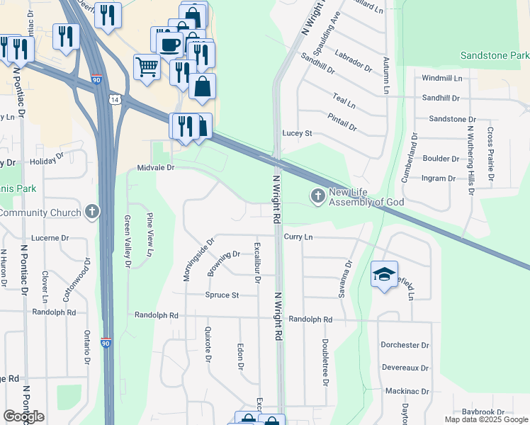 map of restaurants, bars, coffee shops, grocery stores, and more near 2407 North Wright Road in Janesville