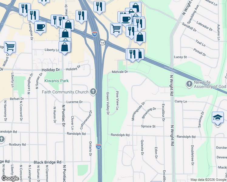 map of restaurants, bars, coffee shops, grocery stores, and more near 2402 Pine View Lane in Janesville