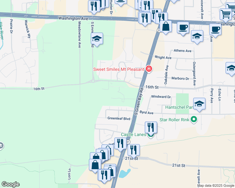 map of restaurants, bars, coffee shops, grocery stores, and more near 5810 Lincoln Village Drive in Racine