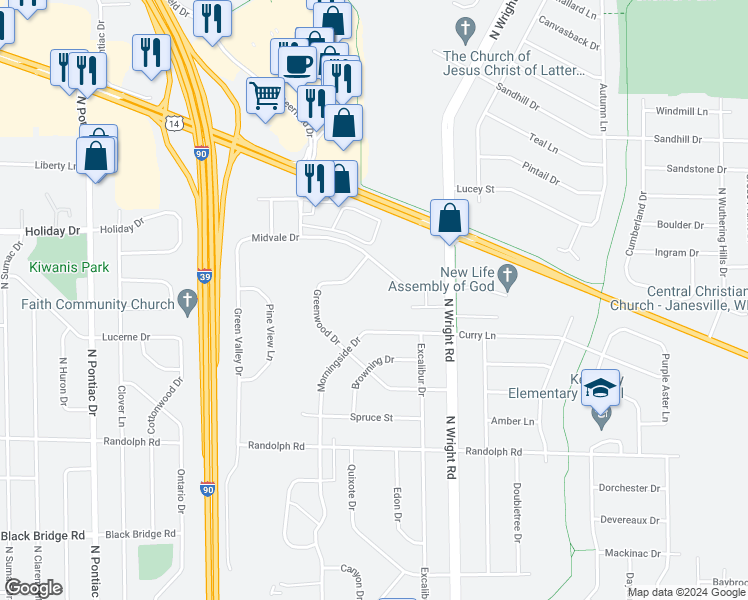 map of restaurants, bars, coffee shops, grocery stores, and more near 3411 Curry Lane in Janesville