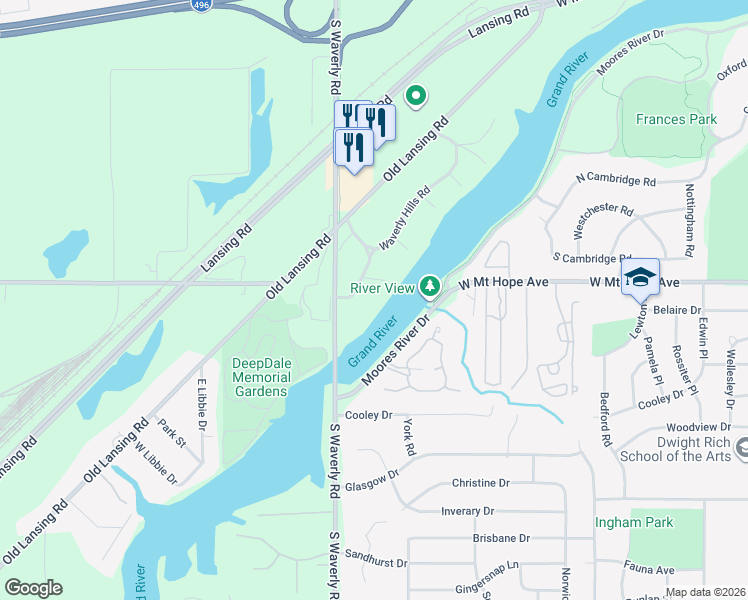 map of restaurants, bars, coffee shops, grocery stores, and more near 3833 Waverly Hills Road in Lansing