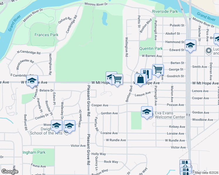 map of restaurants, bars, coffee shops, grocery stores, and more near 1915 West Mount Hope Avenue in Lansing