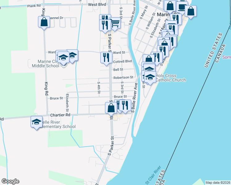 map of restaurants, bars, coffee shops, grocery stores, and more near 429 Bruce Street in Marine City