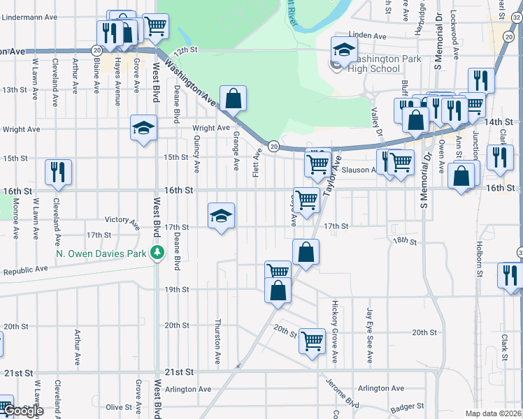 map of restaurants, bars, coffee shops, grocery stores, and more near 2522 17th Street in Racine