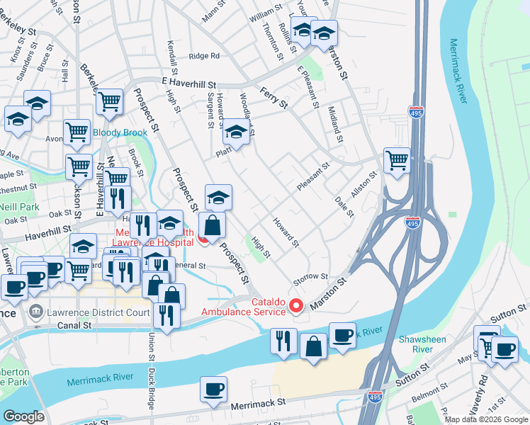 map of restaurants, bars, coffee shops, grocery stores, and more near 25 Pleasant Street in Lawrence