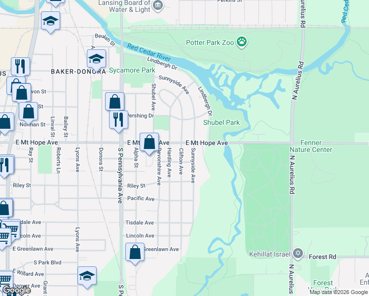 map of restaurants, bars, coffee shops, grocery stores, and more near 1929 Clifton Avenue in Lansing