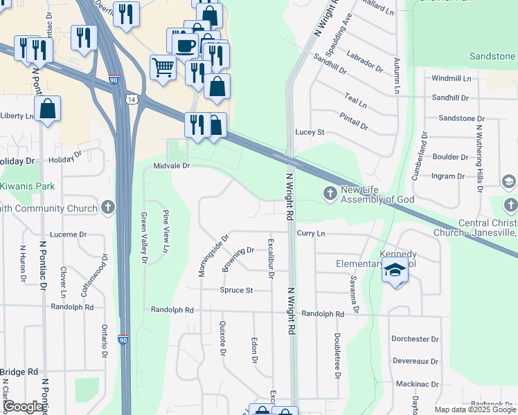map of restaurants, bars, coffee shops, grocery stores, and more near 3440 Midvale Drive in Janesville