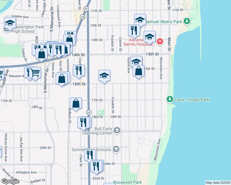 map of restaurants, bars, coffee shops, grocery stores, and more near 900 17th Street in Racine