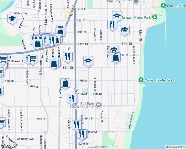 map of restaurants, bars, coffee shops, grocery stores, and more near 900 17th Street in Racine
