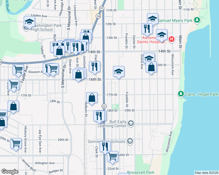 map of restaurants, bars, coffee shops, grocery stores, and more near 1122 17th Street in Racine