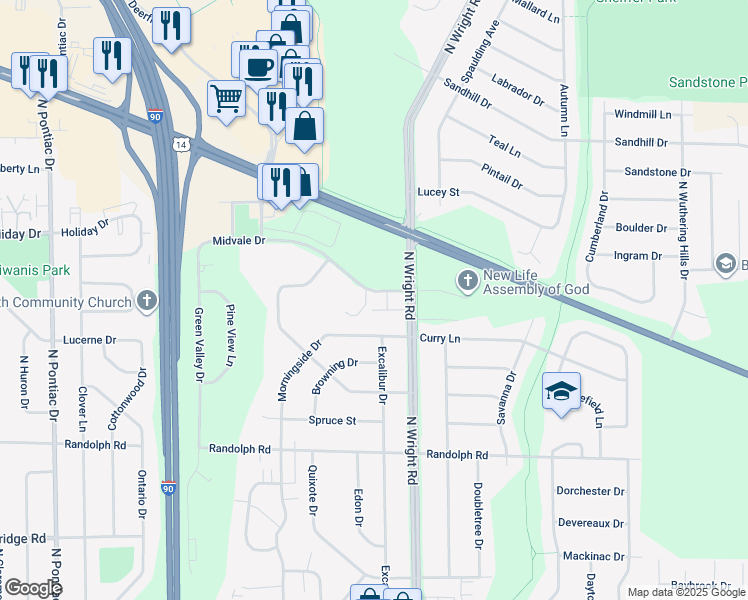 map of restaurants, bars, coffee shops, grocery stores, and more near 3440 Midvale Drive in Janesville