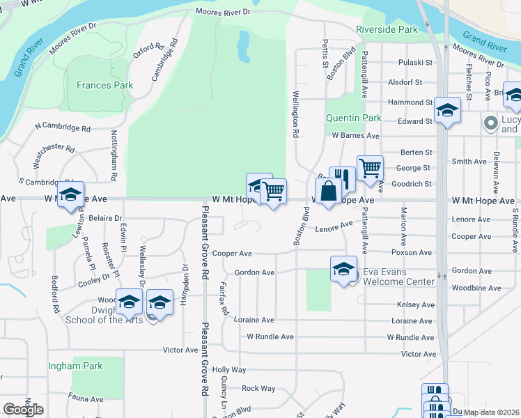 map of restaurants, bars, coffee shops, grocery stores, and more near 1915 West Mount Hope Avenue in Lansing