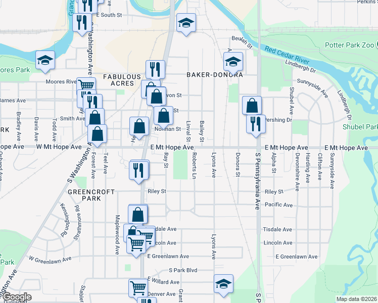 map of restaurants, bars, coffee shops, grocery stores, and more near 580 East Mount Hope Avenue in Lansing