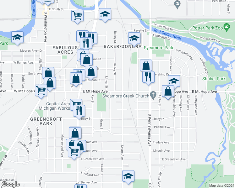 map of restaurants, bars, coffee shops, grocery stores, and more near 706 East Mount Hope Avenue in Lansing