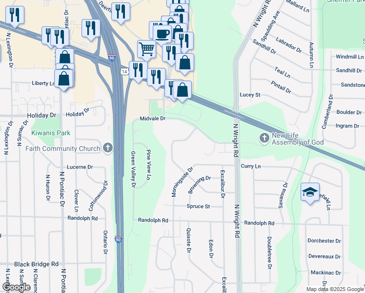 map of restaurants, bars, coffee shops, grocery stores, and more near 3205 Greenwood Drive in Janesville
