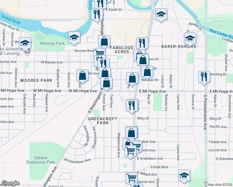 map of restaurants, bars, coffee shops, grocery stores, and more near 208 East Mount Hope Avenue in Lansing