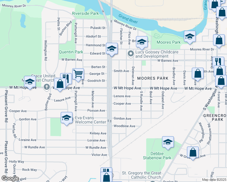 map of restaurants, bars, coffee shops, grocery stores, and more near 1901 South Martin Luther King Junior Boulevard in Lansing