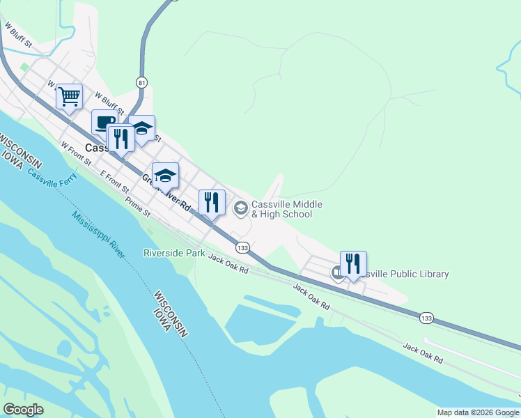 map of restaurants, bars, coffee shops, grocery stores, and more near 717 East Bluff Street in Cassville