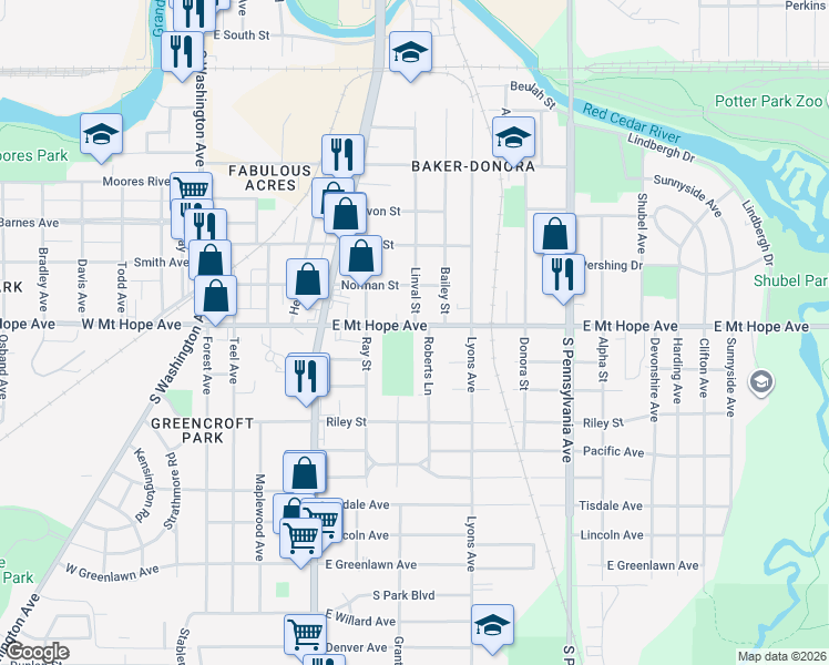 map of restaurants, bars, coffee shops, grocery stores, and more near 580 East Mount Hope Avenue in Lansing
