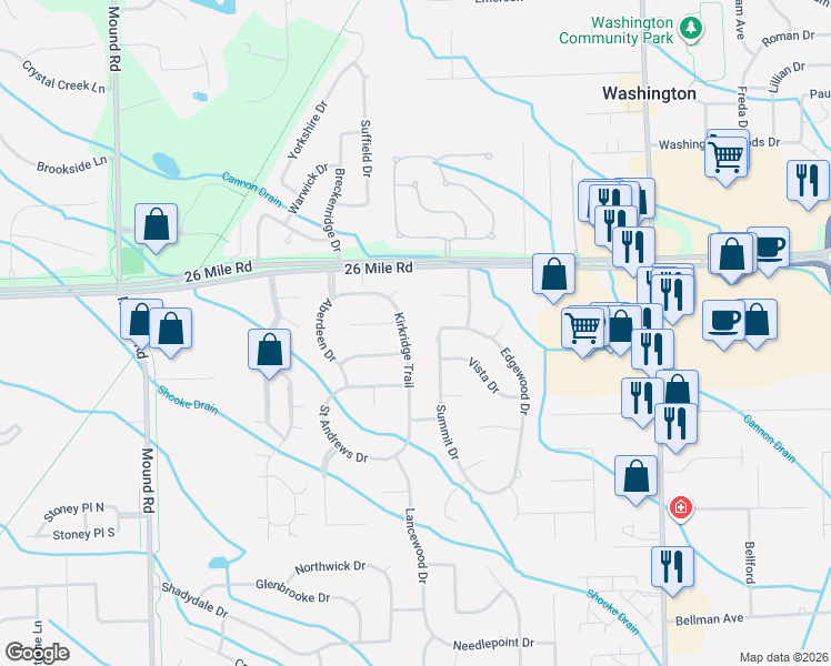 map of restaurants, bars, coffee shops, grocery stores, and more near 56638 Kirkridge Trail in Macomb County