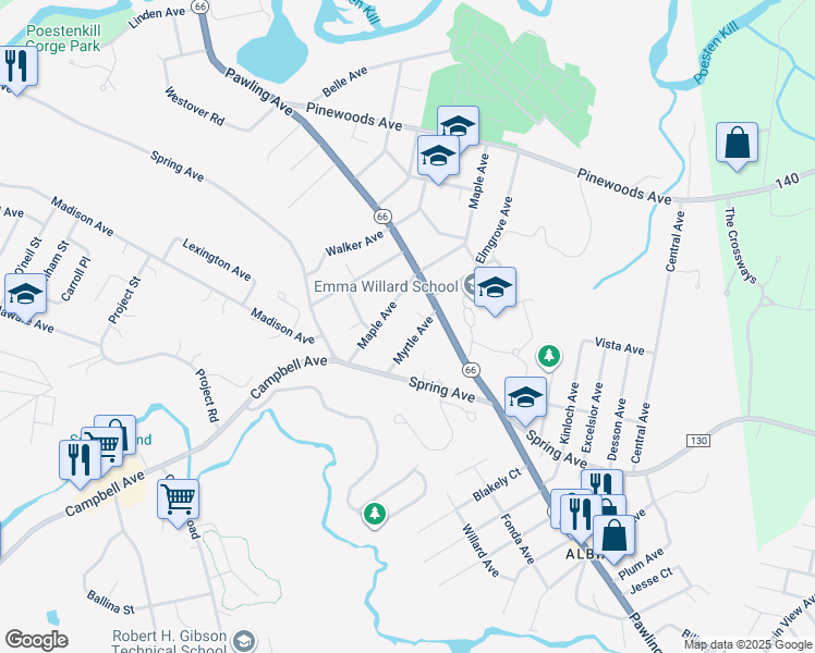 map of restaurants, bars, coffee shops, grocery stores, and more near 26 Myrtle Avenue in Troy