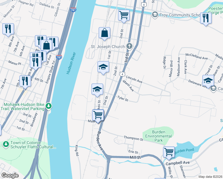 map of restaurants, bars, coffee shops, grocery stores, and more near 534 2nd Street in Troy