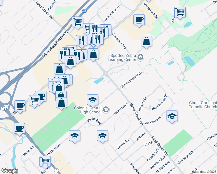 map of restaurants, bars, coffee shops, grocery stores, and more near 1 Raider Boulevard in Albany